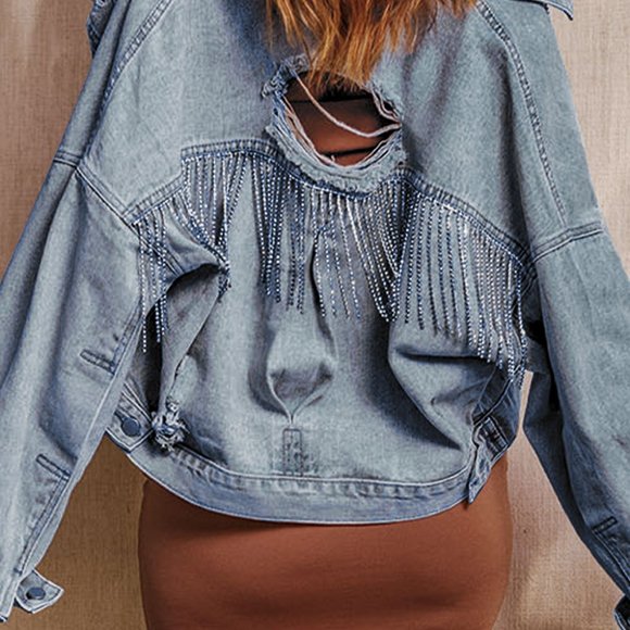 Sky Blue Rhinestone Fringe Denim Jacket - Picture 12 of 15